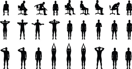 People sitting standing silhouettes set, office chair postures, human body positions, working resting poses, black vector illustration collection