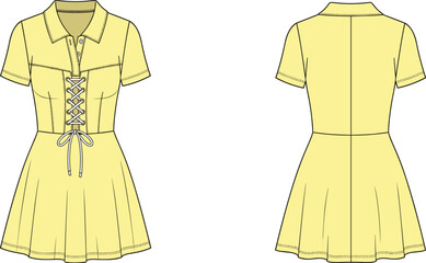 Obraz premium Women short sleeve collared dress technical fashion illustration with front and back views, lace up waist detail, flared skirt, modern casual apparel