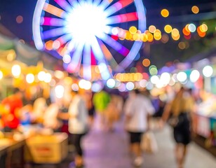 Defocused image of a vibrant night market with blurred figures of people and a colorful, lit Ferris wheel overhead