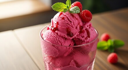 Refreshing raspberry ice cream in a glass topped with fresh berries and mint leaves