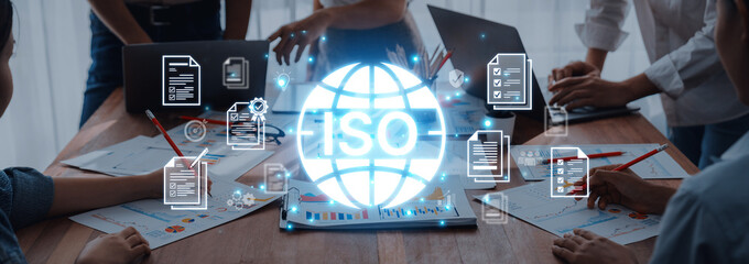 Concept of ISO certification for business quality management. This international standard ensures...