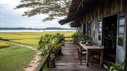 Rustic wooden waterside dwelling overlooks expansive golden agricultural field