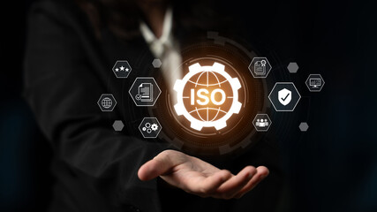 Concept of ISO certification for business quality management. This international standard ensures...