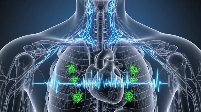 Transparent Human Torso with Visible Internal Organs and Virus Particles