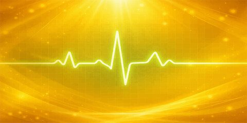 Abstract medical illustration of a green heartbeat wave on a cardiogram graph monitor showing a healthy ekg pulse line for an electrocardiogram test