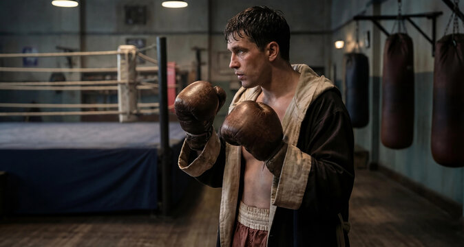 Boxer training alone in old gym
