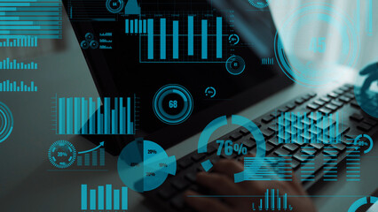 Explore the synergy of data analytics and technology in this vibrant workspace scene showcasing graphs and charts overlaying a laptop, reflecting modern business practices. Xenic
