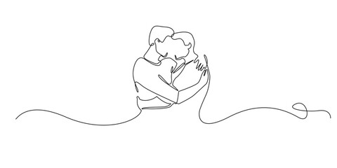 Hand drawn line illustration of two men embracing affectionately, drawn in a continuous single line style for love, equality, and relationship concepts.