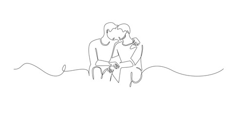 Hand drawn line illustration of two men embracing affectionately, drawn in a continuous single line style for love, equality, and relationship concepts.