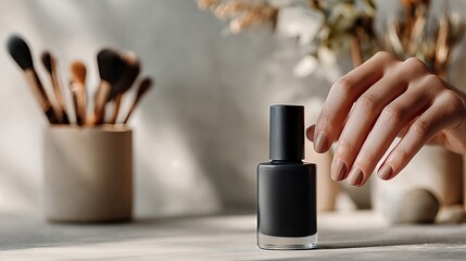 Elegant Hand Applying Nail Polish in Minimalist Beauty