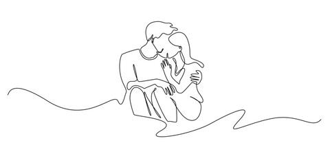 Hand drawn line illustration of a man and woman sitting together affectionately, drawn in a continuous single line style for love and relationship concepts.