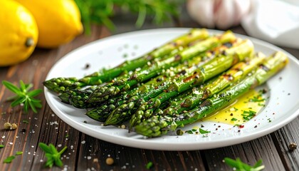 Grilled green asparagus spears on a white plate with oil, spices, and lemon