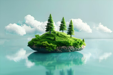 Enchanting floating island with lush greenery and serene waterscape design