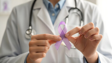 Doctor holding purple ribbon for epilepsy awareness
