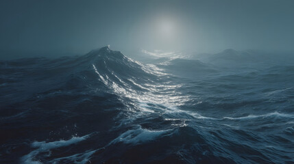 Seascape under the moonlight: a mesmerizing view of the dark ocean under the moonlight. The waves are in motion, forming peaks and valleys that reflect the moon's light.