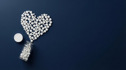 Heart shape made of white pills with single tablet on dark background for care.