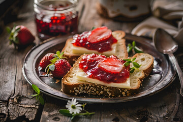 Rustic breakfast still life with slices of crusty bread and strawberry jam