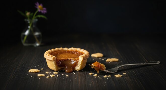 Sweet caramel tart with oozing filling and fork on dark wooden table with crumbs view