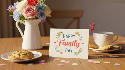 Happy family day celebration with cookies and flowers