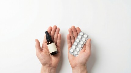 Hands holding dropper bottle and pills illustrating supplement choice concept.