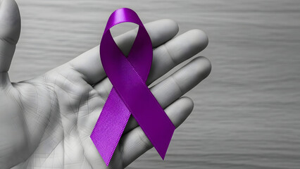 Holding purple ribbon for epilepsy awareness World cancer day 