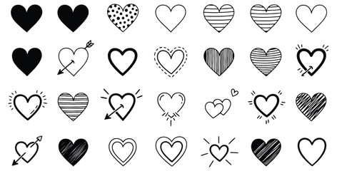 Collection of hand drawn heart icons showcasing various doodle styles perfect for romance design elements and Valentine’s day concepts illustrating love and affection