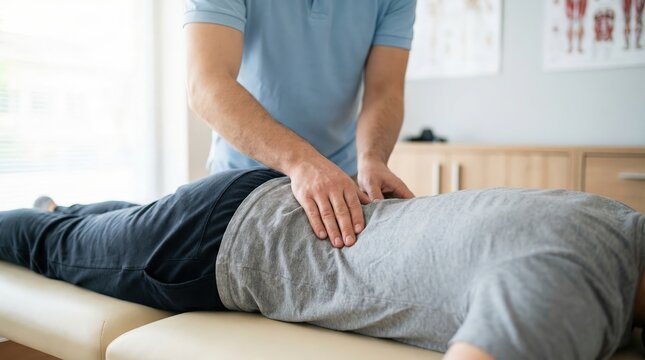 Therapist applying manual leg therapy to patient on treatment table indoors.