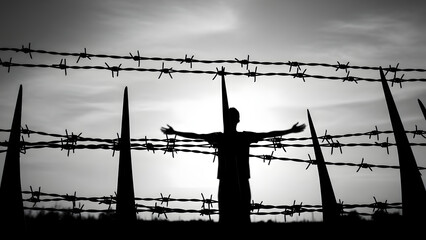 Man standing behind barbed wire fence with outstretched arms