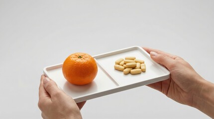 Hands holding tray with orange and pills illustrating food versus supplement concept.