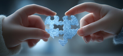 World autism awareness day concept. Adult and child hands holding puzzle heart on light blue background