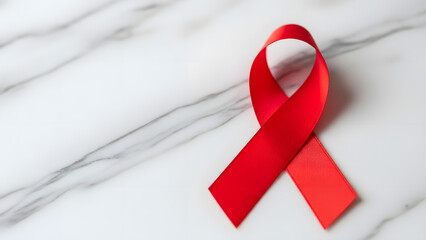 Red ribbon on marble surface for aids awareness