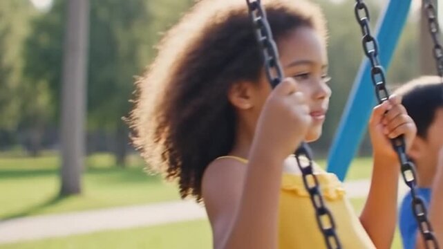 Two happy children playing on swings in a park on a sunny day in a video
