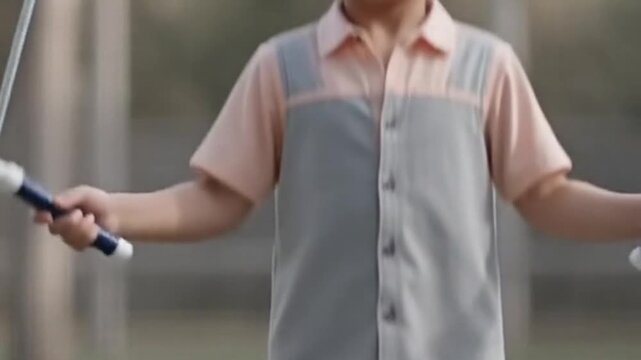 A young boy is jumping rope in a park on a sunny day in a video