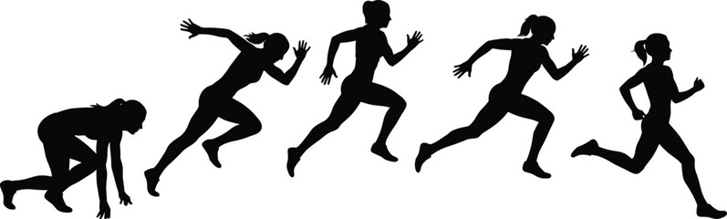 Fototapeta premium PrintSilhouette of runner in motion, sprint sequence, athletic training, black white illustration, fitness movement, speed posture, dynamic running form
