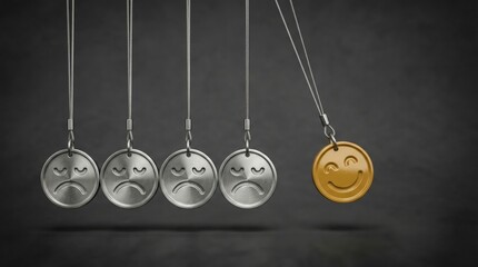 Newton&rsquo;s cradle with sad face balls and one happy gold ball for business contrast.