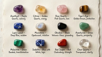 Labeled gemstones and crystals arranged in flat lay for spiritual symbolism themes.