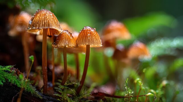 Macro close-up of tiny forest mushrooms with mold growth on damp leaf litter - Powered by Adobe