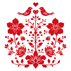 Traditional Red Folk Art Floral Illustration with Birds and Hearts on White Background
