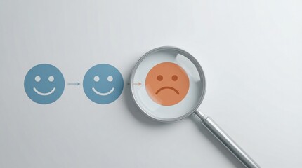 Magnifying glass highlighting sad face among smiley icons for customer experience review.