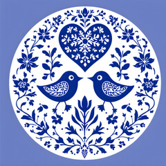 Traditional Blue and White Folk Art Circular Illustration with Birds and Heart
