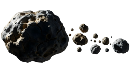 Large Asteroid and Smaller Space Rocks Floating in Dark Space planetoid celestial