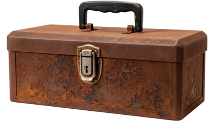 Heavily Rusted Metal Toolbox with Black Handle and Silver Latch Isolated on White Background