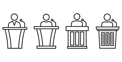 Collection of four distinct black outline icons depicting speakers or presenters standing behind different styles of podiums with microphones ready for public address or debate