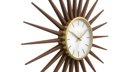 Mid- Century Modern Sunburst Wall Clock with Wooden Spokes and Gold Frame starburst mid-century modern