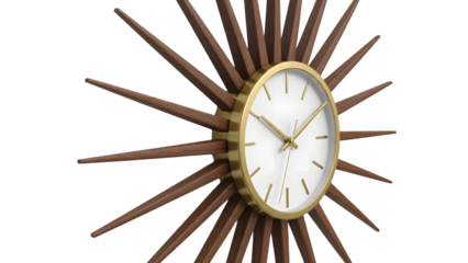 Mid- Century Modern Sunburst Wall Clock with Wooden Spokes and Gold Frame starburst mid-century modern