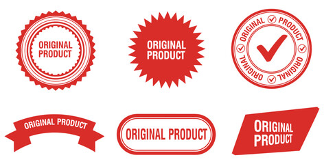 Collection of six distinct red graphic stamp seals and badges certifying an item as an authentic original product guarantee seal for consumer trust and quality assurance markings