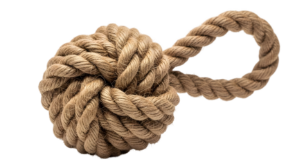 Monkey Fist Knot Made of Thick Natural Rope with a Loop on a White Background twine cord