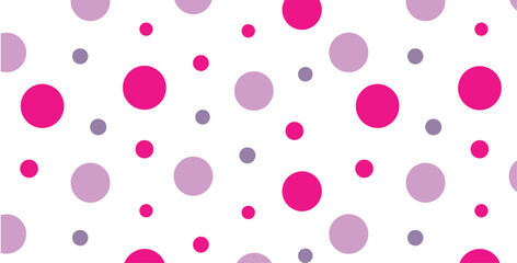 Seamless repeating pattern featuring scattered polka dots in vibrant fuchsia light purple and muted gray shades against a clean crisp white background offering a cheerful decorative graphic element