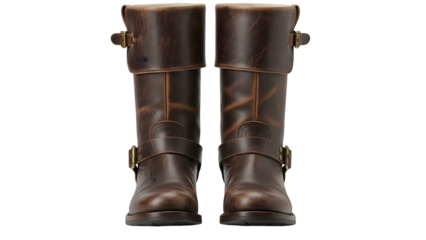 Pair of distressed brown leather motorcycle boots with buckles and folded cuffs on a black background