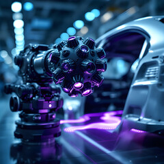 Advanced Robotic Sensor Array Performing High-Tech 3D Laser Scanning on Car Chassis in Smart Factory
